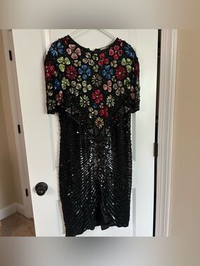 Vintage Sweelo Black Beaded Floral Midi Dress Size 14/16
